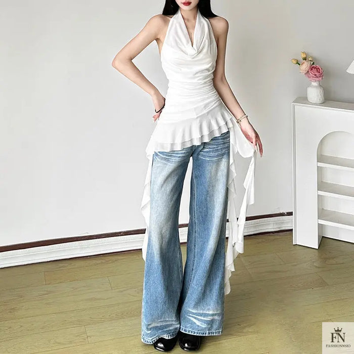 Halter Ruched Tassel Ruffle Top - Fashionnsio