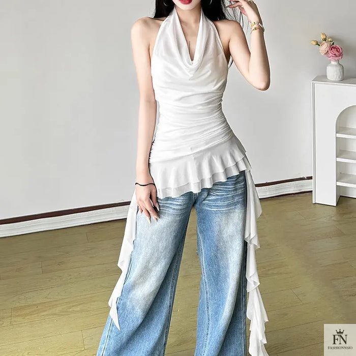 Halter Ruched Tassel Ruffle Top - Fashionnsio
