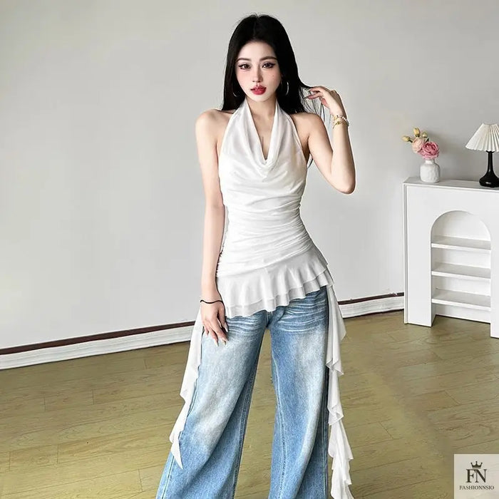 Halter Ruched Tassel Ruffle Top - Fashionnsio