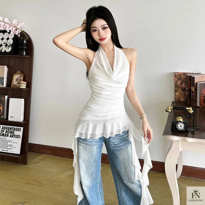 Halter Ruched Tassel Ruffle Top - Fashionnsio