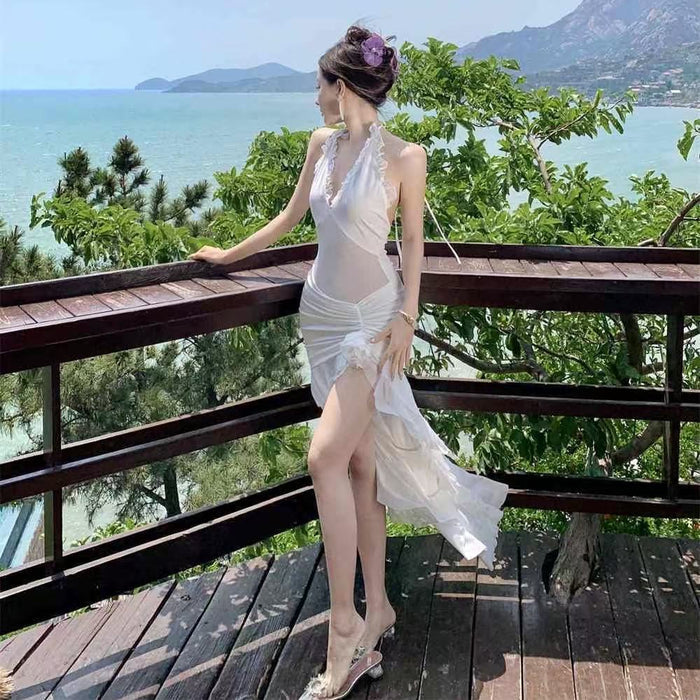 Halter Ruffle Beach Dress - Fashionnsio