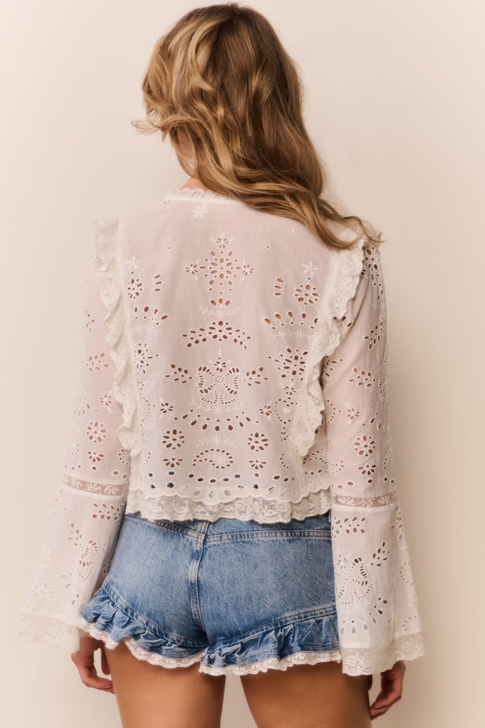 Woman wearing a white lace blouse with denim shorts against a plain background