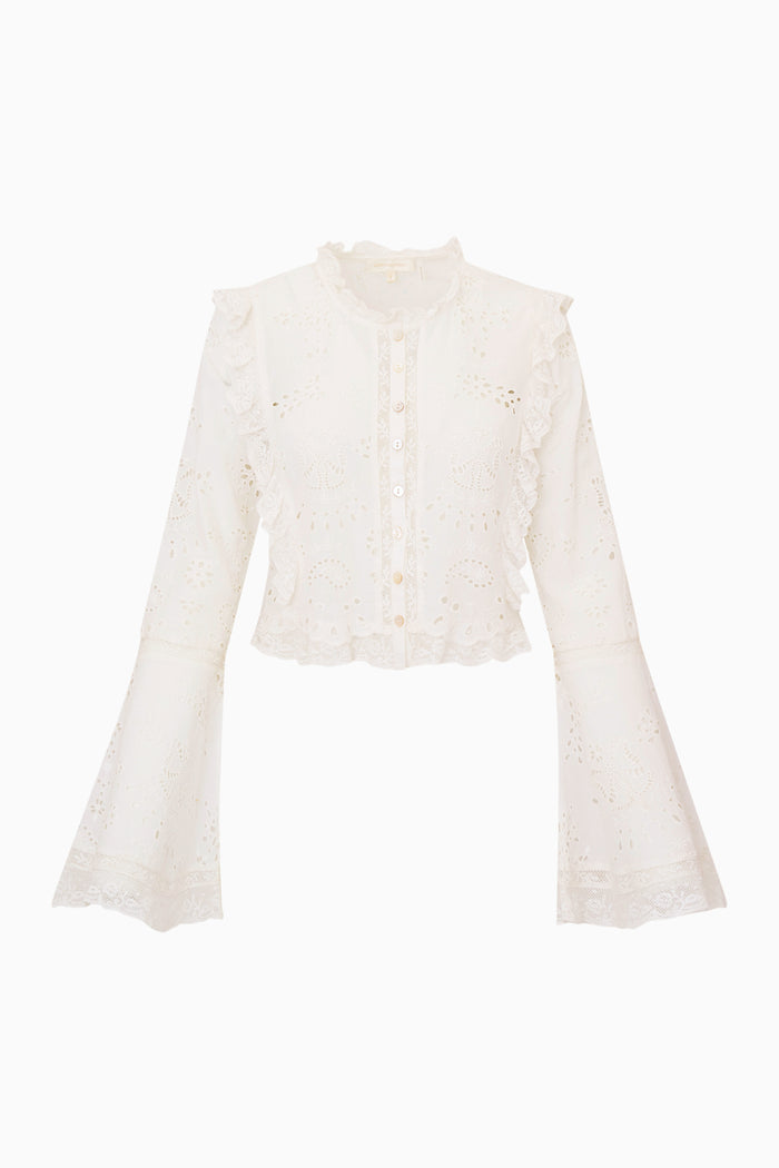 White lace long sleeve blouse on a white background
