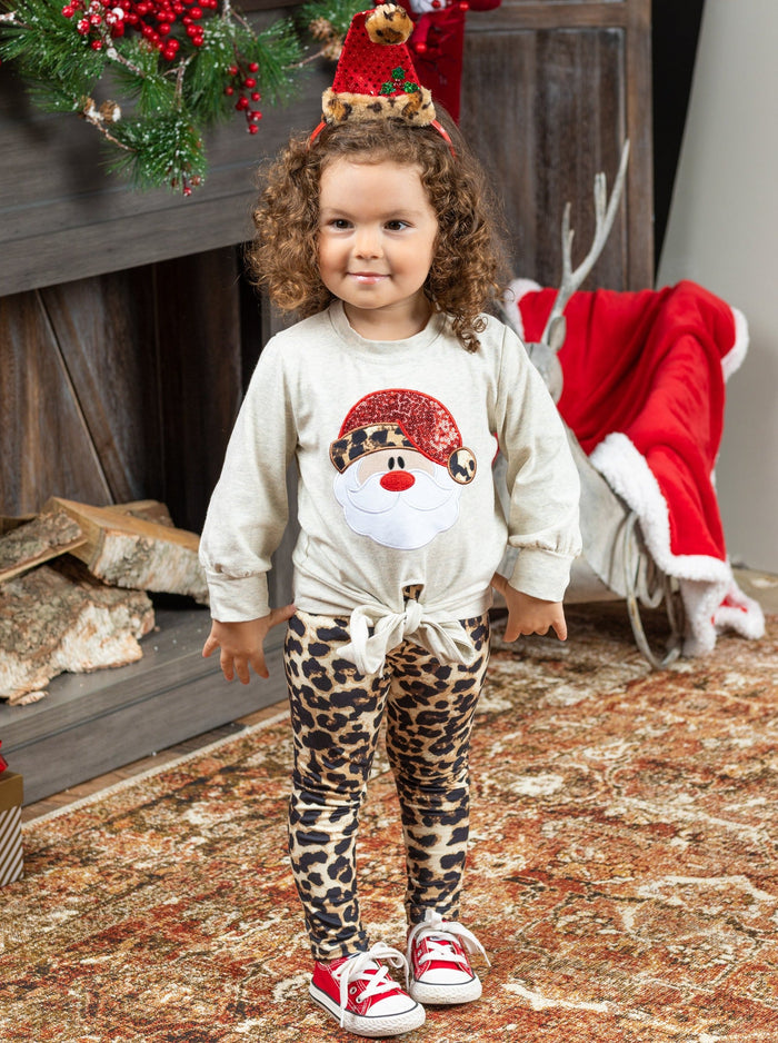 Toddler Christmas Outfit | Santa Knot Hem Top & Leopard Legging Set