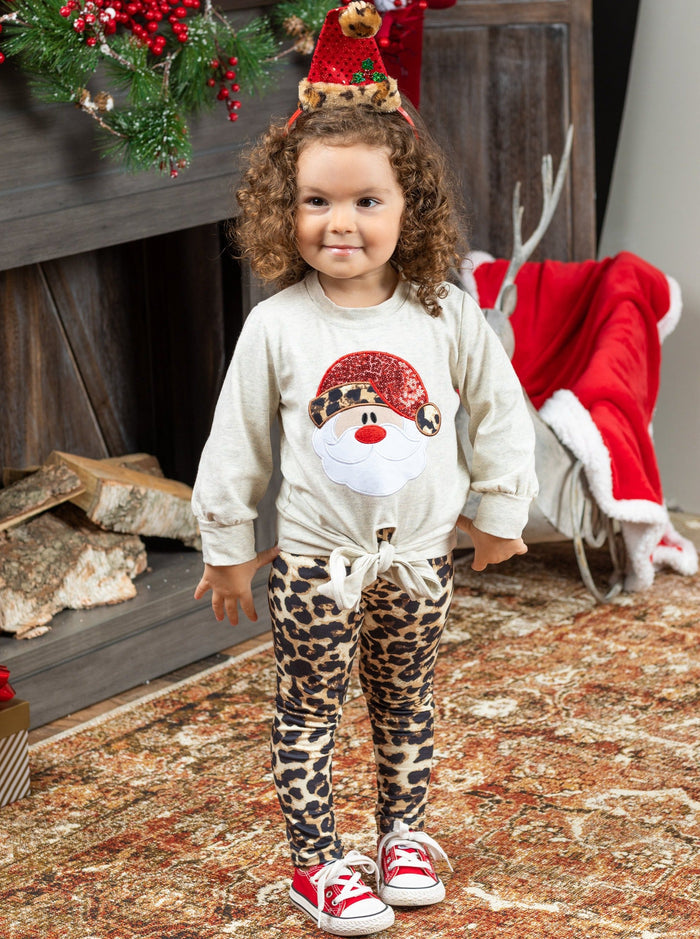 Toddler Christmas Outfit | Santa Knot Hem Top & Leopard Legging Set