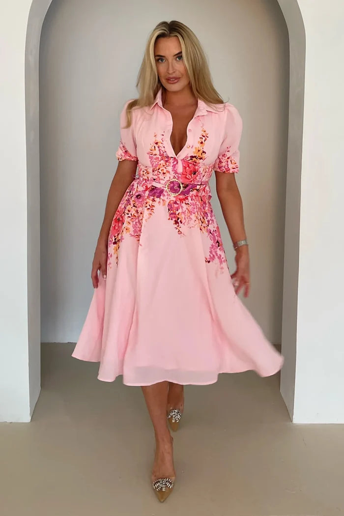 Holland Boarder Print Midi Dress (Pink)