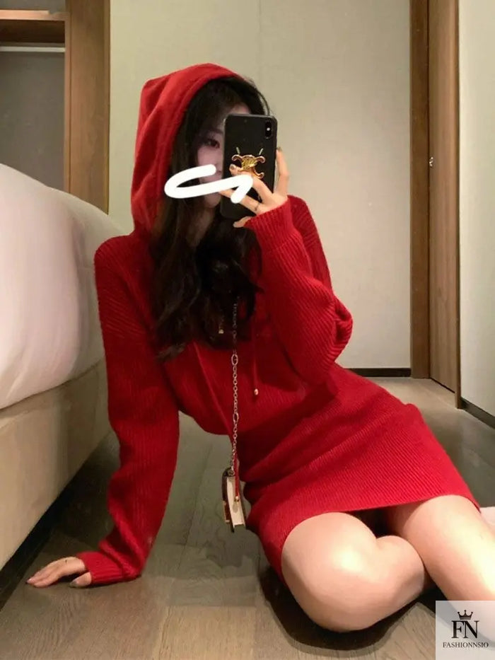 Hooded Knit Mini Dress - Fashionnsio
