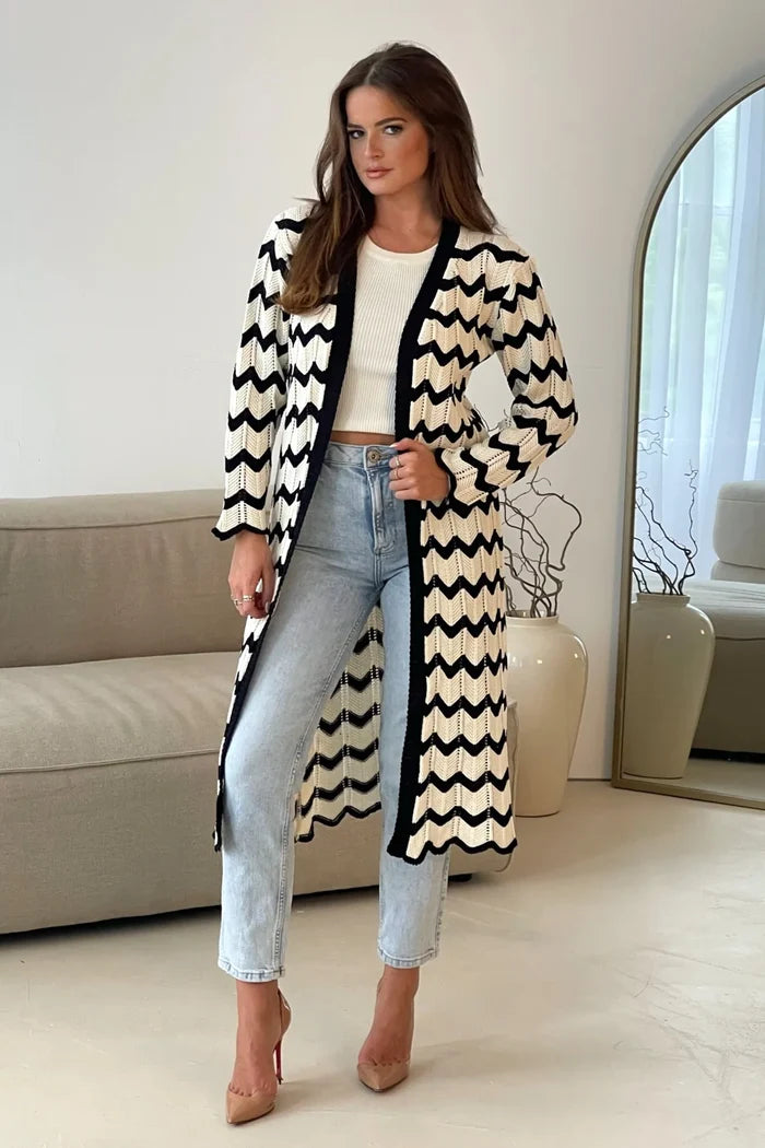 Ingrid Crochet Monochrome Chevron Cardigan (Black/Cream)