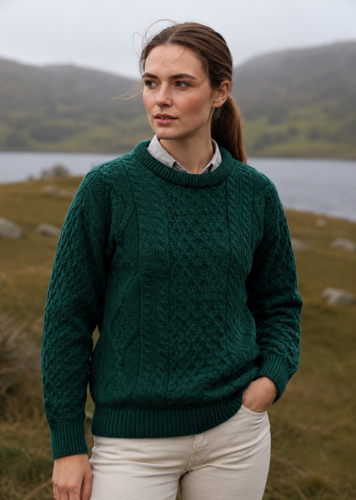 Inis Mor Aran Sweater | Unisex Irish Wool Sweater | Moss Green