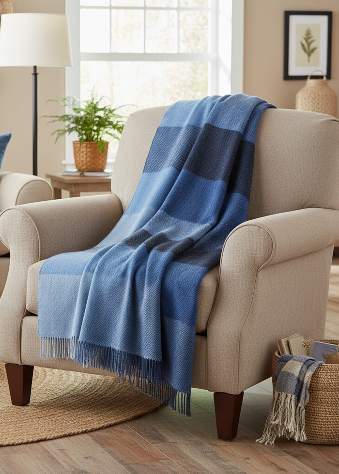John Hanly Cashmere Merino Throw - Blue Mix Block