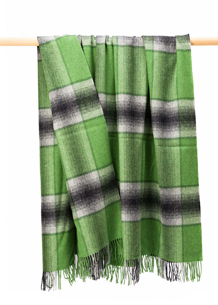 John Hanly Merino Lambswool Blanket | Green Grey Check