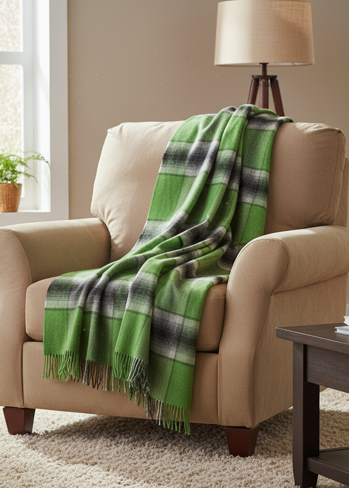 John Hanly Merino Lambswool Blanket | Green Grey Check