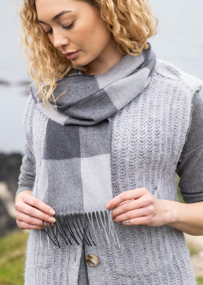 John Hanly Merino Scarf | Grey Mix Block Check