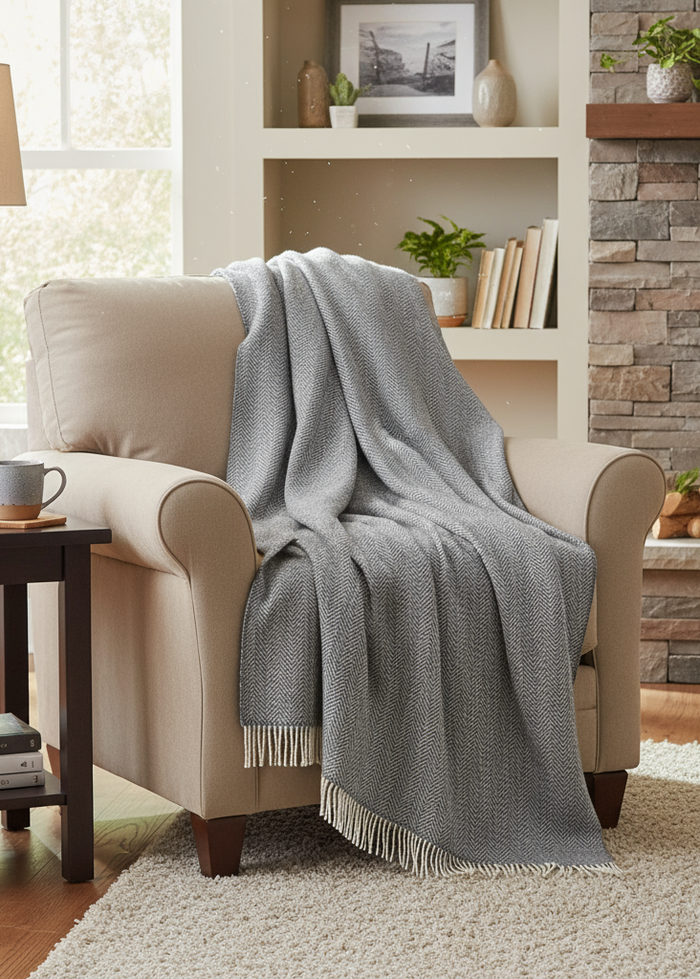 John Hanly Oversized Cashmere Throw - Grey Herringbone