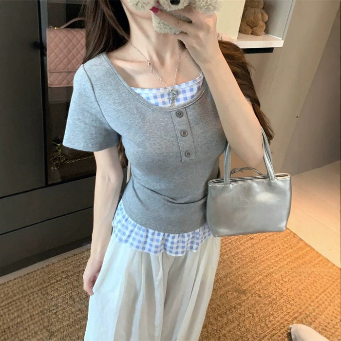 K-Style Layered Plaid Top - Fashionnsio