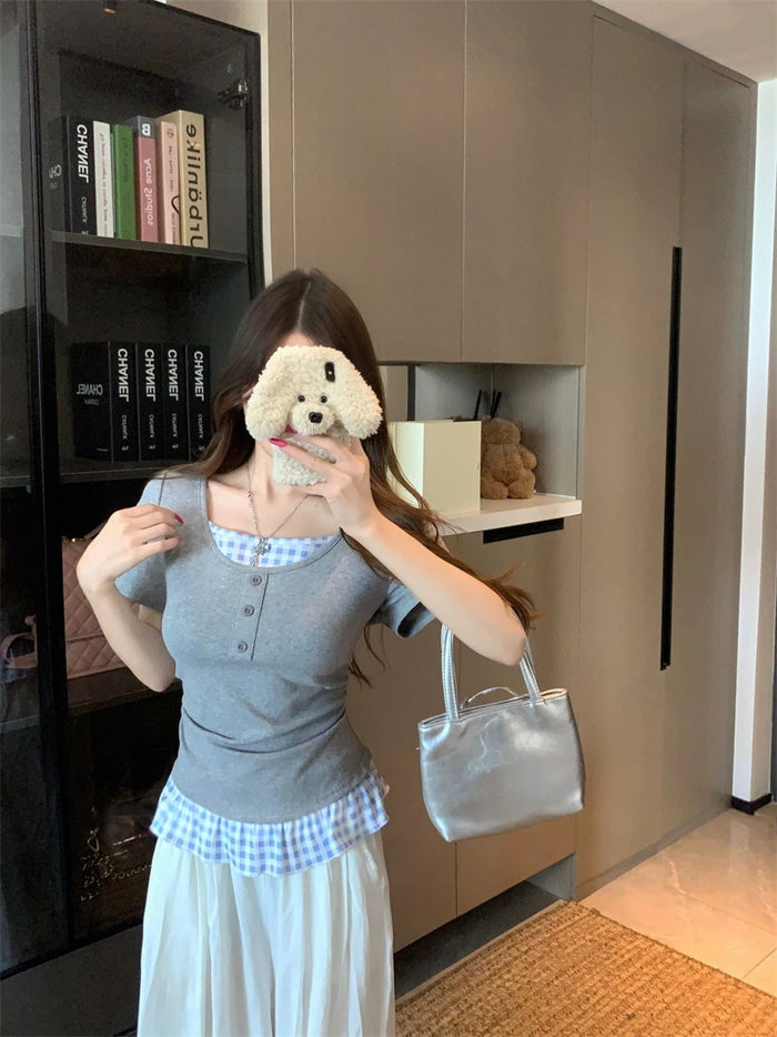 K-Style Layered Plaid Top - Fashionnsio