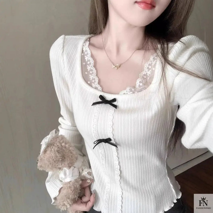 Knit Lace Black Bow Top - Fashionnsio