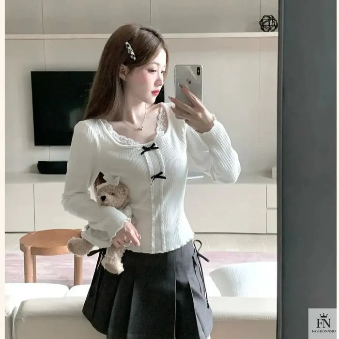 Knit Lace Black Bow Top - Fashionnsio