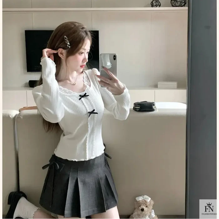 Knit Lace Black Bow Top - Fashionnsio