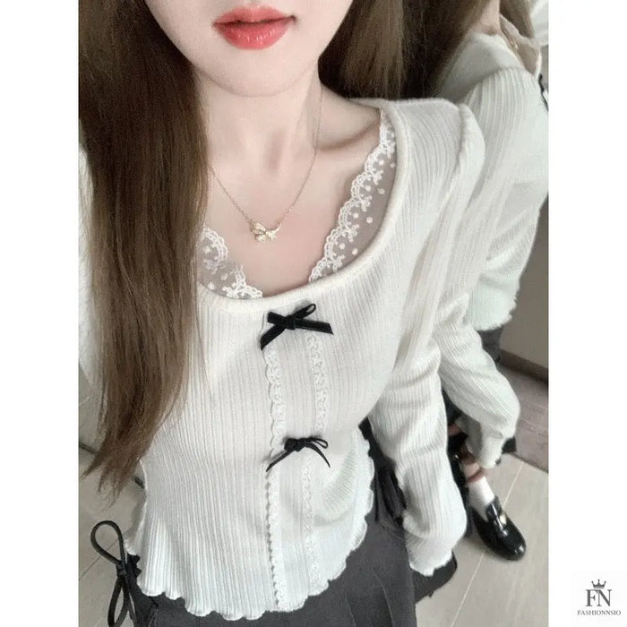 Knit Lace Black Bow Top - Fashionnsio