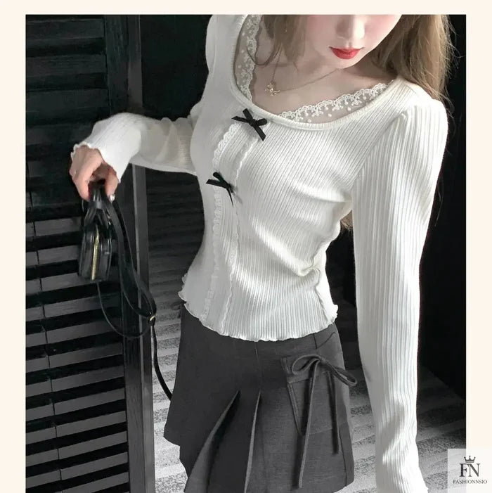Knit Lace Black Bow Top - Fashionnsio