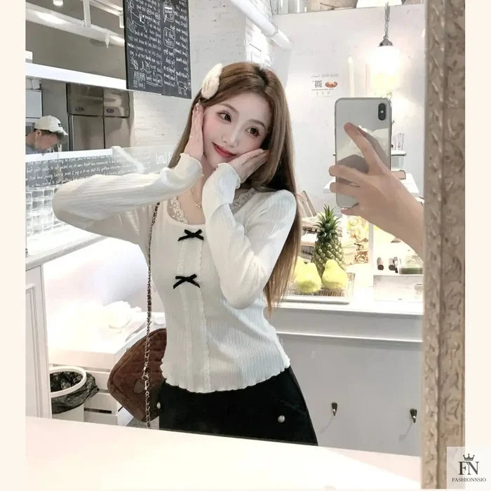 Knit Lace Black Bow Top - Fashionnsio