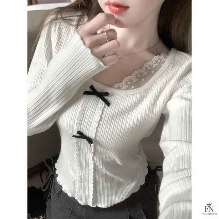 Knit Lace Black Bow Top - Fashionnsio