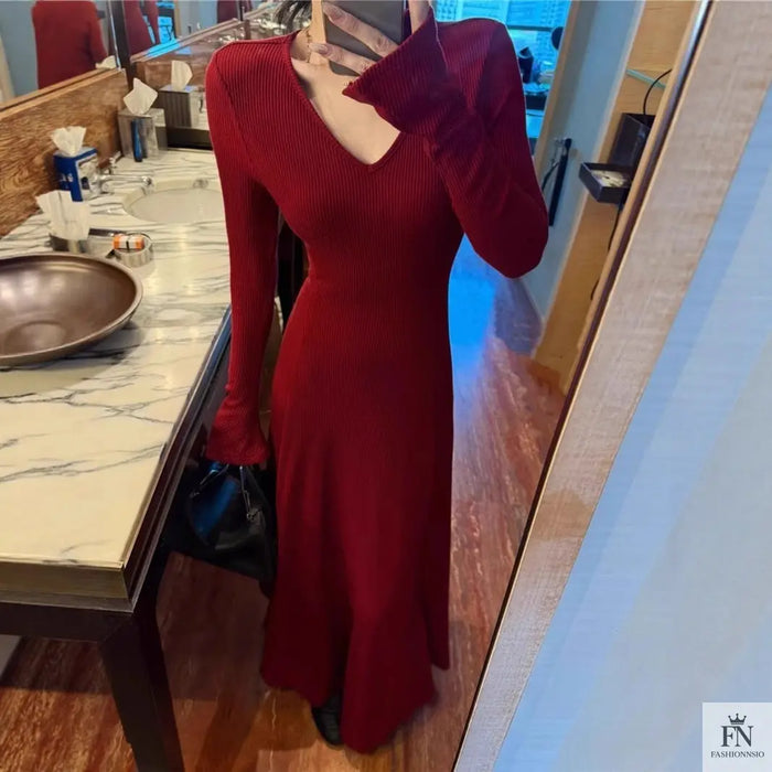 Knit Long Sleeve Maxi Dress - Fashionnsio