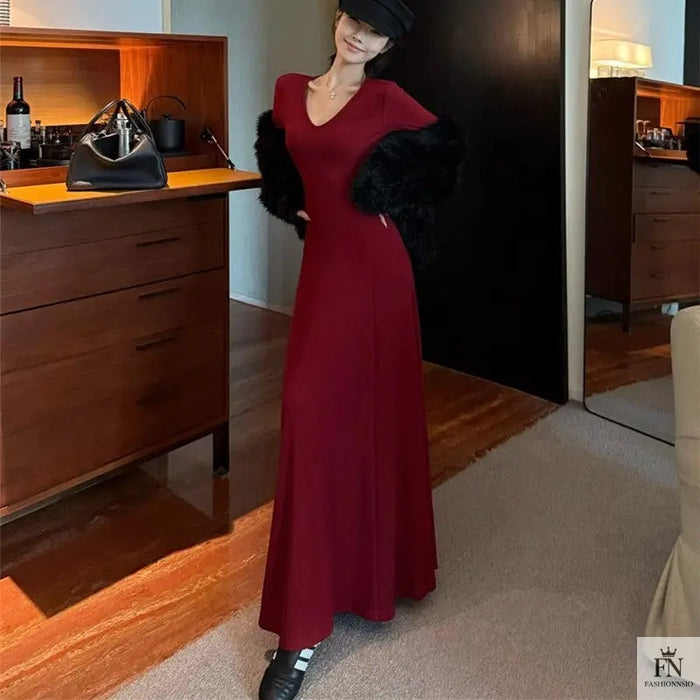 Knit Long Sleeve Maxi Dress - Fashionnsio
