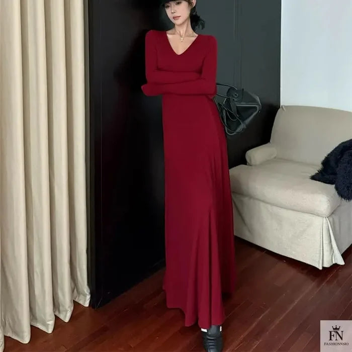 Knit Long Sleeve Maxi Dress - Fashionnsio