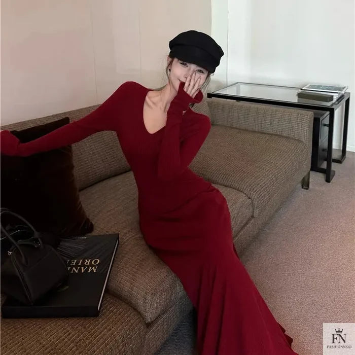 Knit Long Sleeve Maxi Dress - Fashionnsio