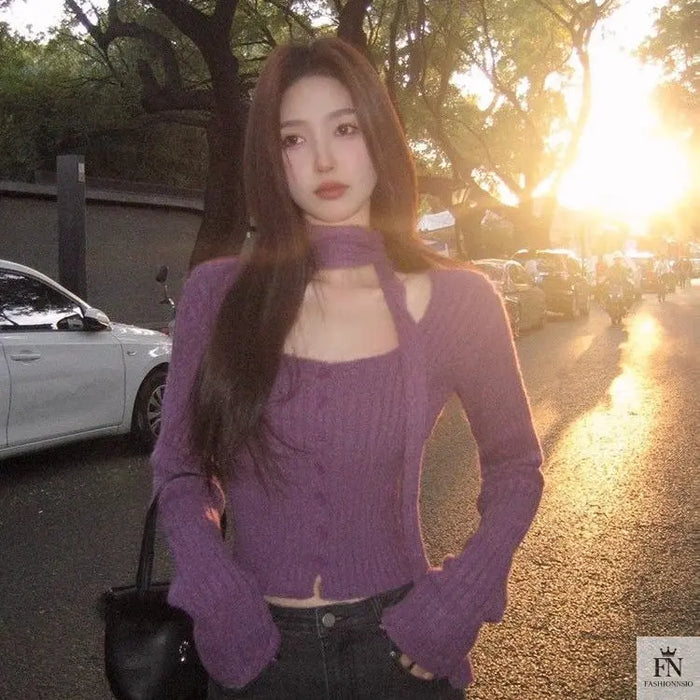Knitted Button Sweater Top With Scarf - Fashionnsio