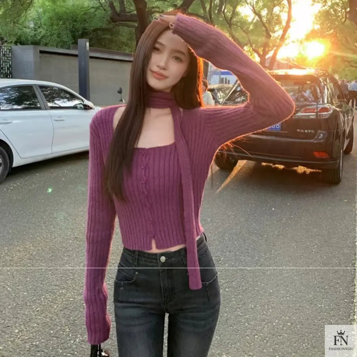 Knitted Button Sweater Top With Scarf - Fashionnsio