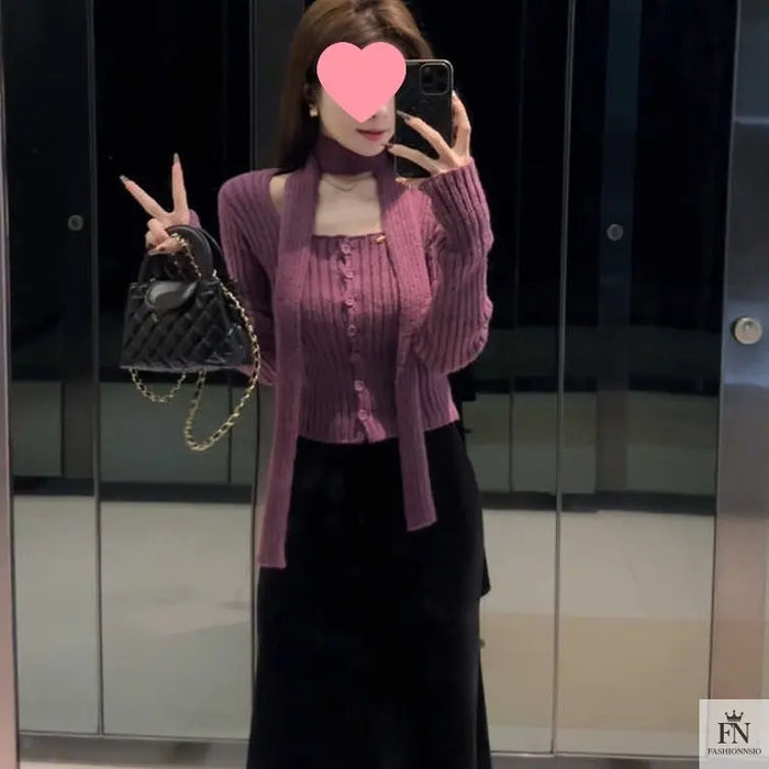 Knitted Button Sweater Top With Scarf - Fashionnsio