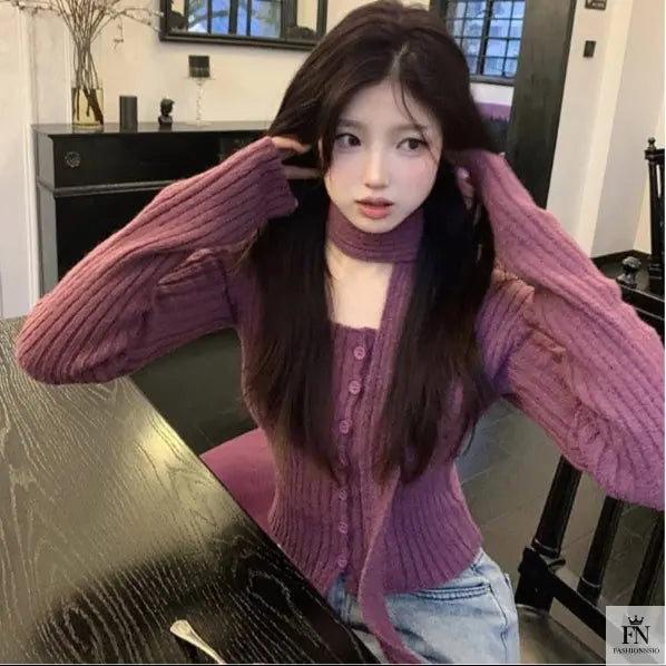 Knitted Button Sweater Top With Scarf - Fashionnsio