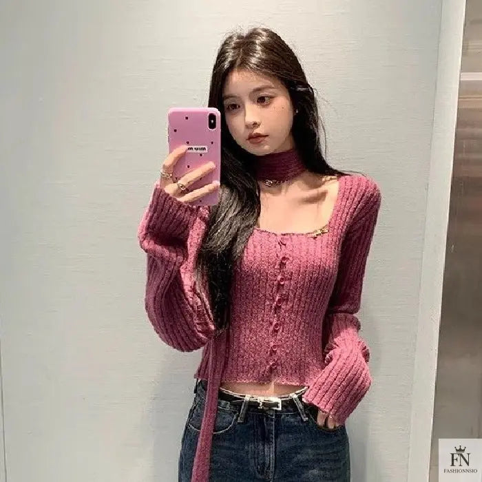 Knitted Button Sweater Top With Scarf - Fashionnsio