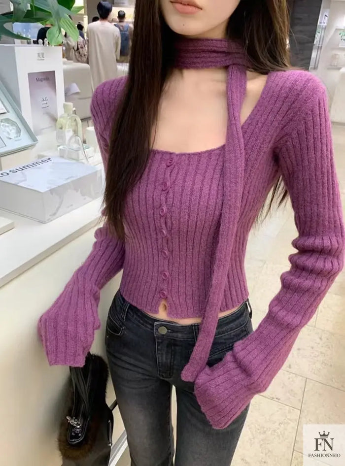 Knitted Button Sweater Top With Scarf - Fashionnsio