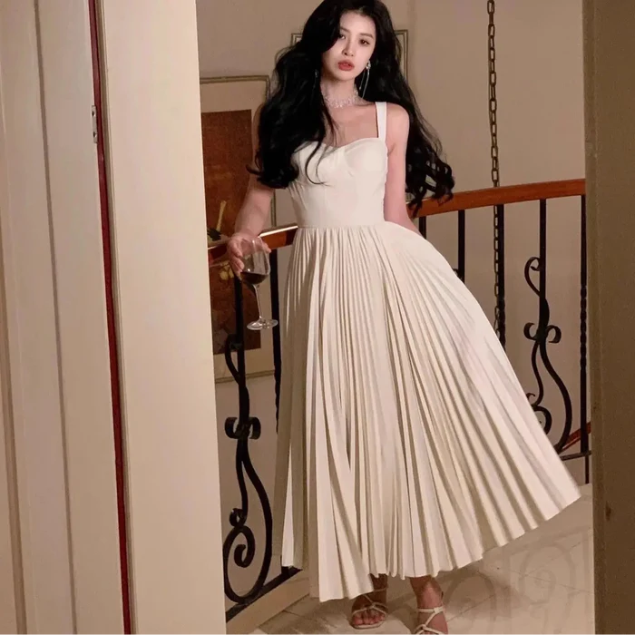 Pleated White Korean Dress fashionnsio