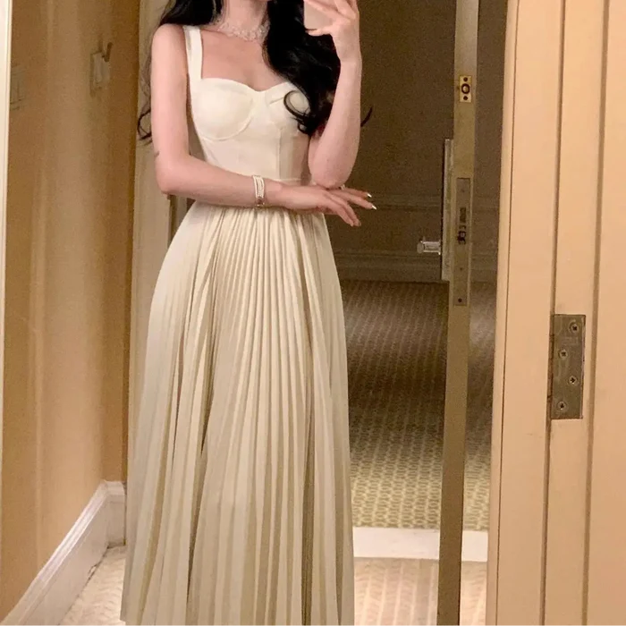 Pleated White Korean Dress fashionnsio