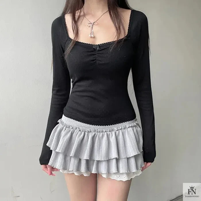 Lace Bow Long Sleeve Top - Fashionnsio