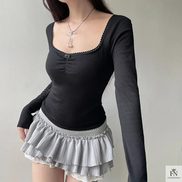 Lace Bow Long Sleeve Top - Fashionnsio