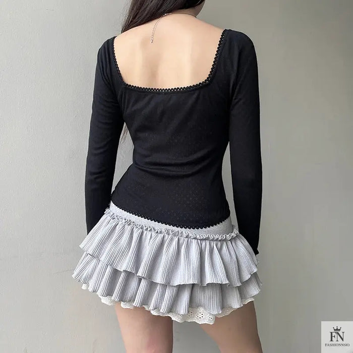 Lace Bow Long Sleeve Top - Fashionnsio