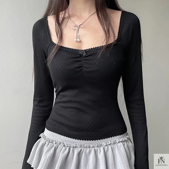 Lace Bow Long Sleeve Top - Fashionnsio