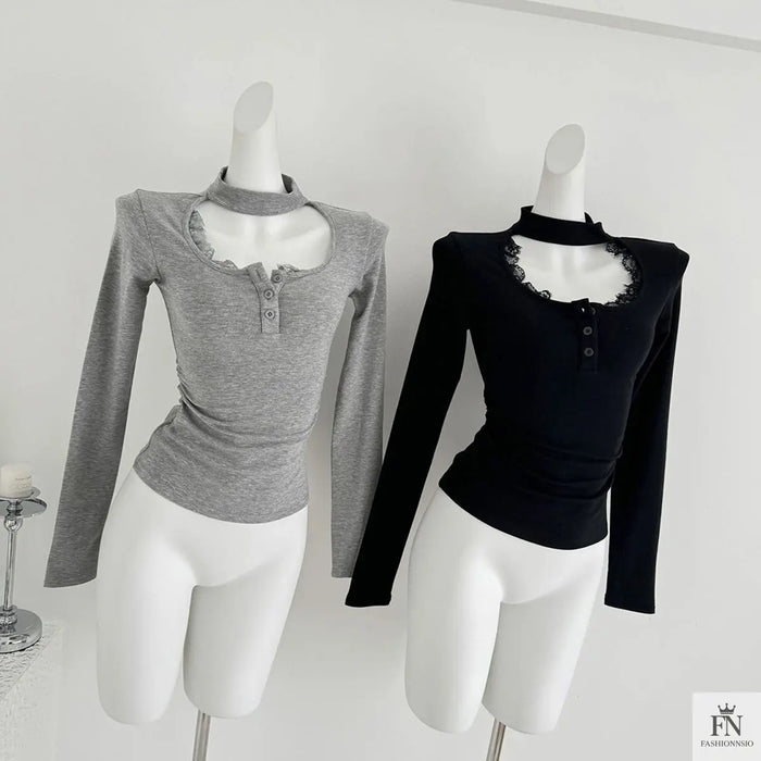 Lace Choker Neck Y2K Top - Fashionnsio