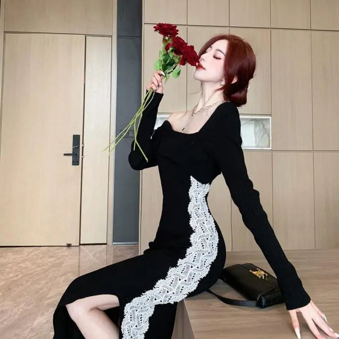 Lace Knitted Long Bodycon Dress fashionnsio