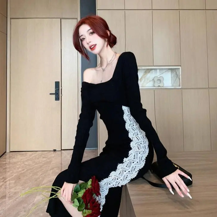 Lace Knitted Long Bodycon Dress fashionnsio