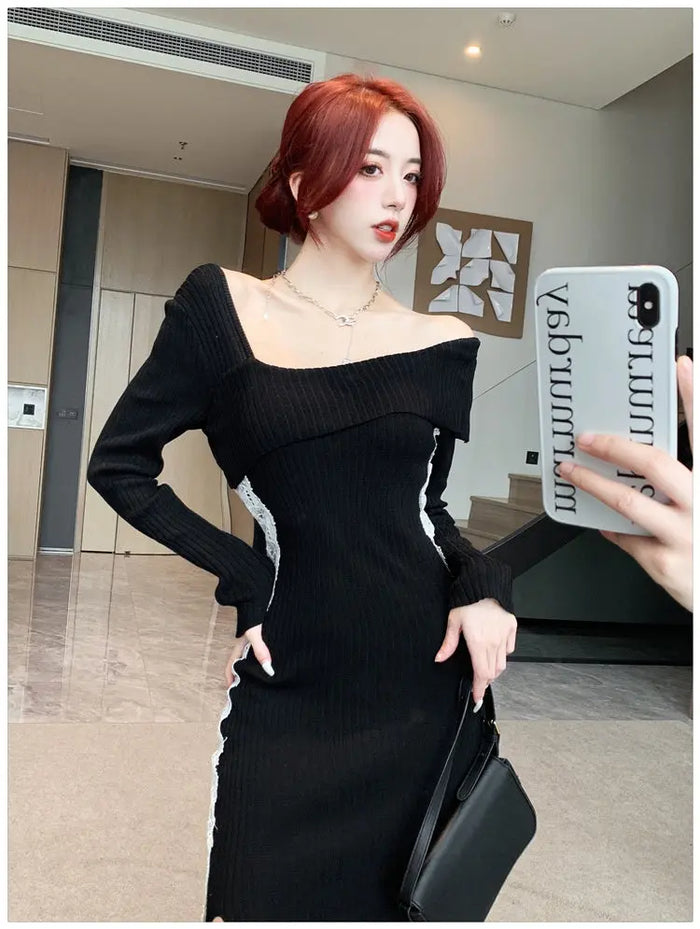 Lace Knitted Long Bodycon Dress fashionnsio