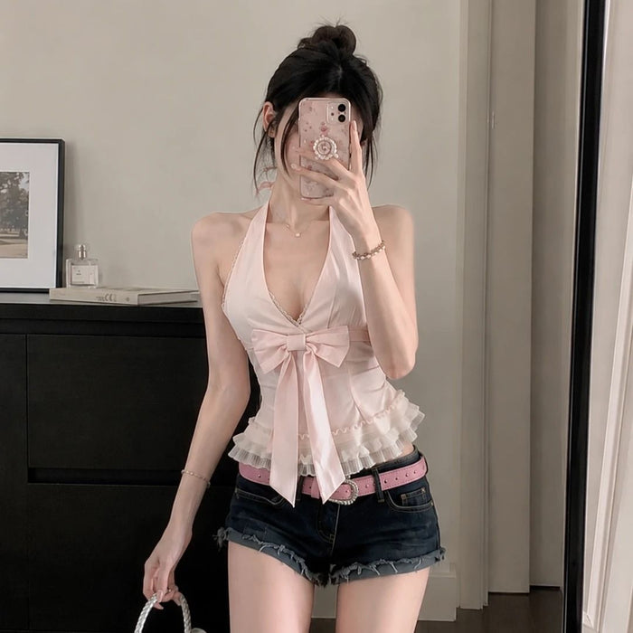 Lace Halter-Neck Bow Top - Fashionnsio