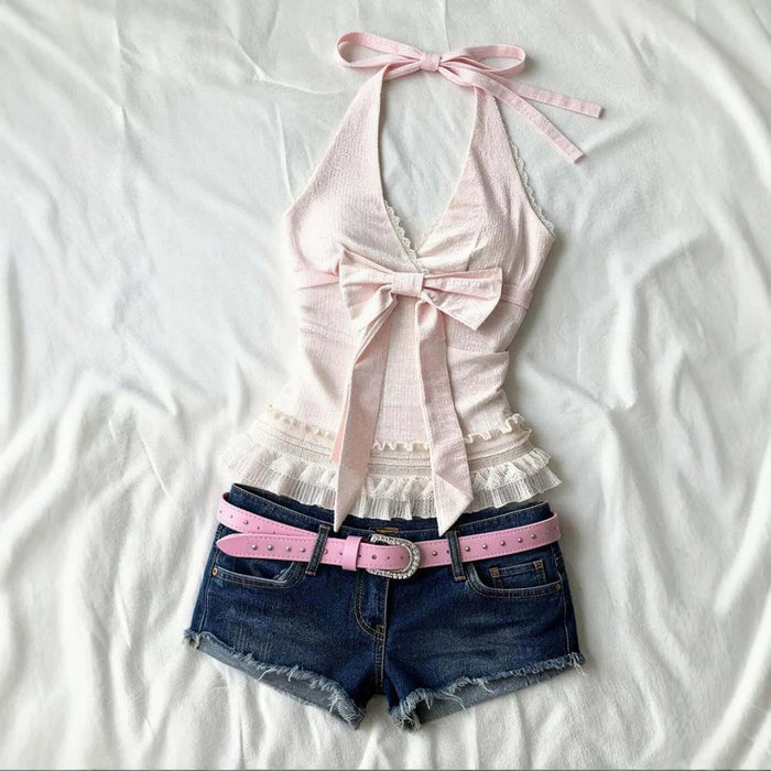 Lace Halter-Neck Bow Top - Fashionnsio