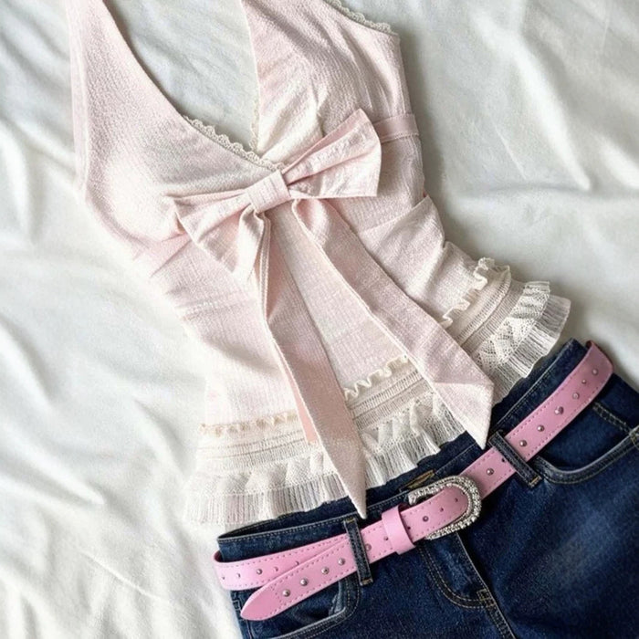 Lace Halter-Neck Bow Top - Fashionnsio
